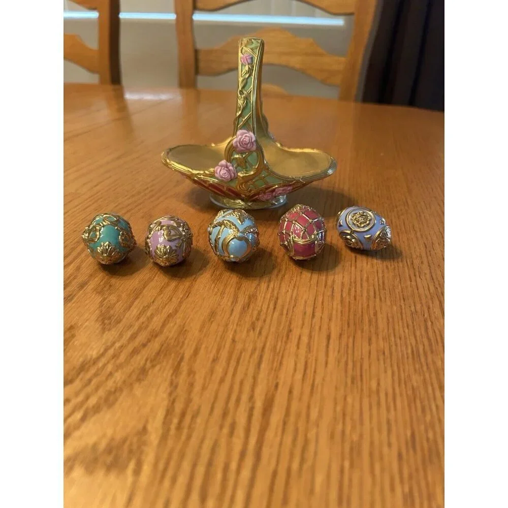 Antique Fabregé The Franklin Mint Summer Egg Basket w/ 5 Eggs - Picture 2 of 4